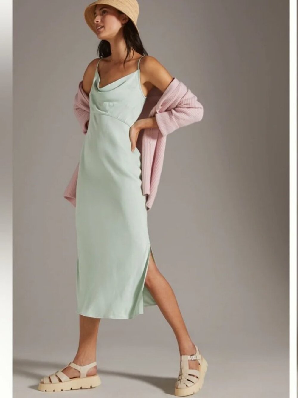 ANTHROPOLOGIE Elyse Bias Cut Midi Slip Dress, Mint Green, Size Medium Petite